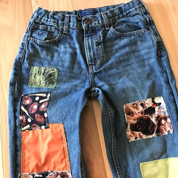 Children's Pants, Size 10 Husky: Upcycled Puppies Baseball Theme Patchwork Jeans - Picture 7 of 16